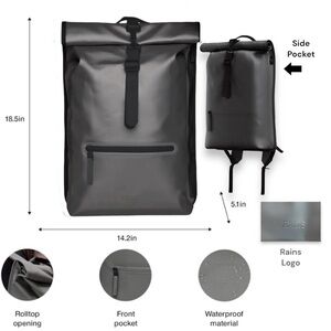 NWT Rains Waterproof Rolltop Rucksack Laptop Backpack In Metallic Grey